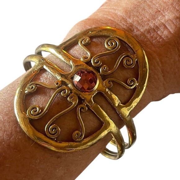 Jewelry - Artisan Gold Tone Filigree Scroll Cuff Bracelet Red Faceted Gemstone Statement